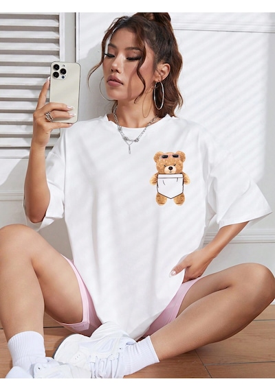 Ayı Cep T-shirt - Beyaz Baskılı Oversize Bisiklet Yaka Kısa Kol Tişört Beyaz