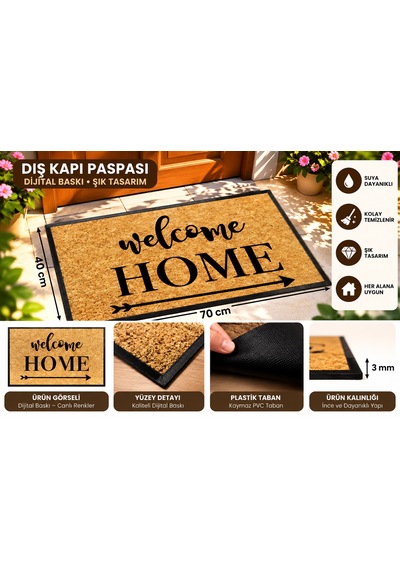 Welcome Home Dış Kapı Paspası 40x70 Cm Dijital Baskılı Kaymaz Pvc Plastik Tabanlı Kapı Önü Paspası Açık Kahve