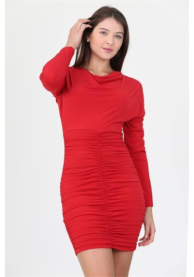 Neşeli Butik Kadın Kırmızı Uzun Kol Önü Büzgülü Mini Kalem Elbise Shnz26 Kırmızı