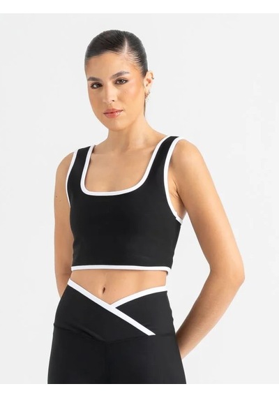 Lismina Beyaz Biye İle Kontrastlı Siyah Kalın Askılı Spor Büstiyer Sporcu Sütyeni Siyah - Beyaz