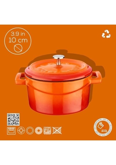 Metal Döküm Mini Tencere, 10 Cm, 0.35 L Hacim, Turuncu 12v
