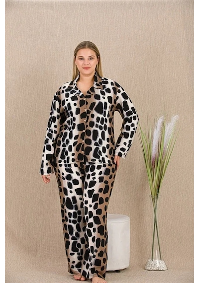 Angbutik Büyük Beden Siyah Benekli Düğmeli Uzun Kol Viskon Pijama Takımı Görsel