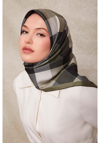 Levidor Noktalı Kareli Bask. Twill İpek Eşarp-0934 Mint Yeşili