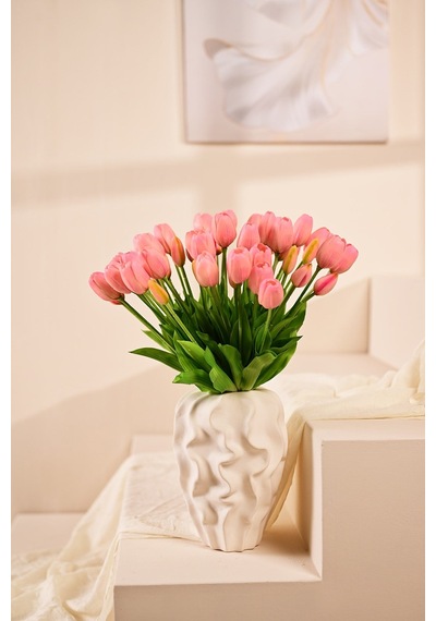 Pembe Yapay Tulipa Lale Çiçeği Buketi 5 Dallı Premium Canlı Islak Dokulu 43 Cm