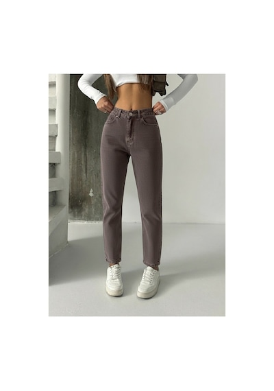 Blue Marlın Yüksek Bel Kahverengi Taş Yıkama Mom Jeans Kahverengi Taş Yıkama