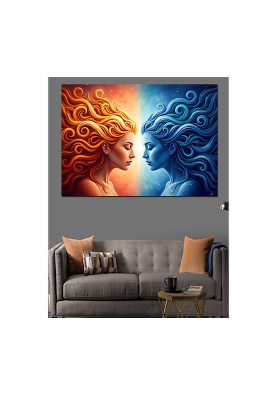 Zıt Renklerde İki Kadın Yüzü Yağlı Boya Dokulu Kanvas Tablo Canvas Tablosu