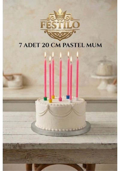 7'li Uzun Mum 20 Cm Pasta Mumu Pembe Pastel Renk Parti Malzemeleri Doğum Günü Süsleri