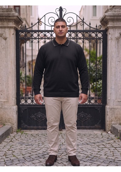 Maccali Erkek Siyah Büyük Beden Gizli Fermuarlı Polo Yaka Triko Sweatshirt