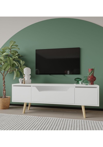 Roma Ahşap Ayaklı Tv Ünitesi Tv Sehpası Beyaz 150 Cm