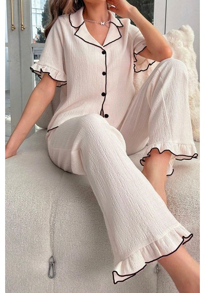 Bella Notte Bej Kısa Kollu Düğmeli Mevsimlik Pijama Takımı