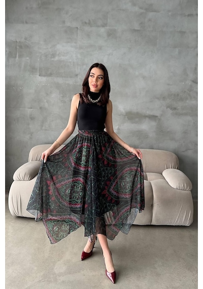 Alemdarshop Siyah Desenli Şifon Dilimli Etek