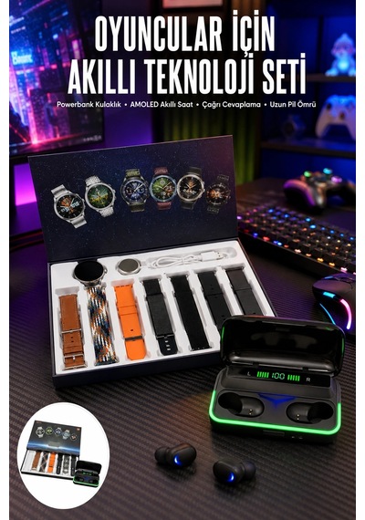 Mey İthalat Powerbank Bluetooth Kulaklık Ve Akıllı Saat 7 Kordonlu Metal Kordon Plastik Kordon