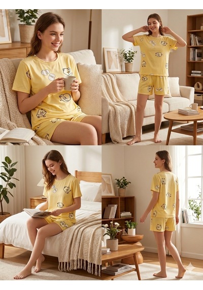 Pıove Kadın Baskılı Şortlu Pijama Takımı Sarı