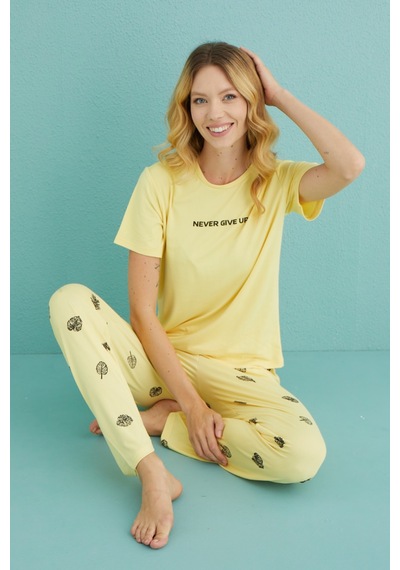 Mihra Kadın Pijama Takımı Kısa Kol Sıfır Yaka Yazlık Sarı
