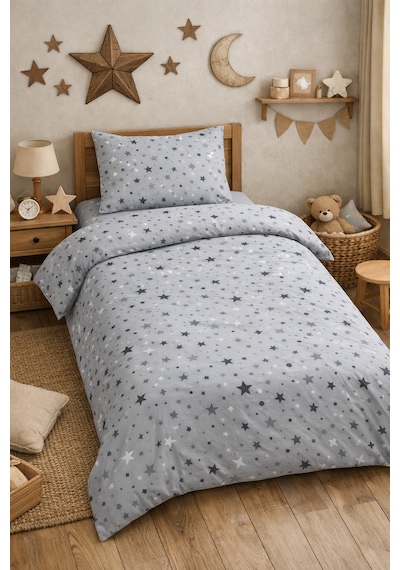 Tek Kişilik Nevresim Takımı 160x220cm 2 Yastık Kılıfı Yıldız Desenli Gri