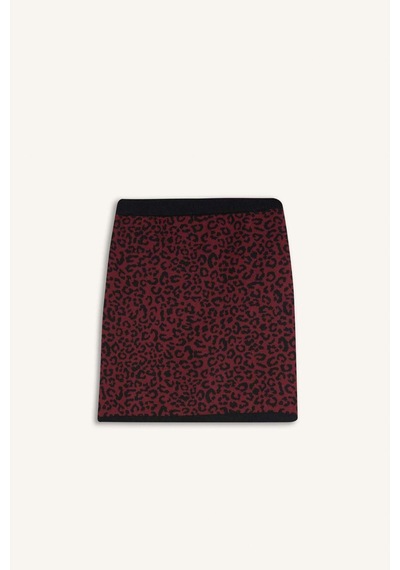 DeFacto A Kesim Leopar Desenli Mini Triko Etek D8516AX24WNBR115 Bordo