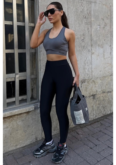 Madmext Boyalı Gri Active Fit Bravie Tayt Mg2813 SiYAH L