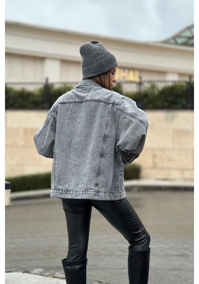 Kadın Gri Apaş Yaka, Çift Cepli, Kaliteli Jeans Kumaş, Salaş Kot Ceket Antrasit