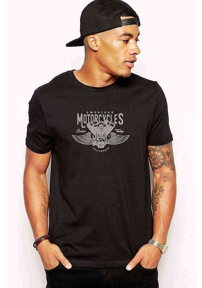 American Costum Vintage Baskılı Siyah Erkek Tshirt