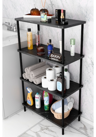 Çevir Kur Kolay Kurulum 4 Katlı Banyo Rafı Metal Gövdeli Çok Amaçlı Organizer Stand Banyo Dolabı Siyah Mermer