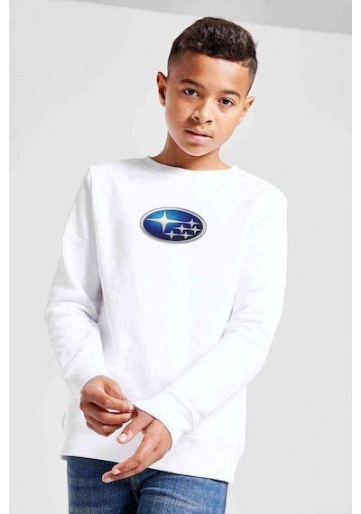 Tshirthane Araba Subaru Blue Logo Baskılı Unisex Çocuk Beyaz Sweatshirt Beyaz