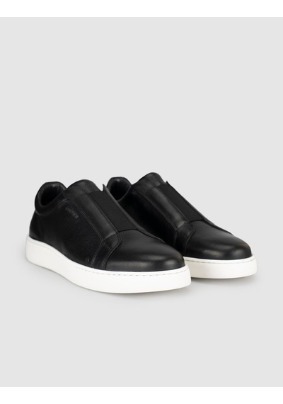 Cabani Hakiki Deri Siyah Beyaz Taban Bağcıksız Erkek Sneaker Ayakkabı