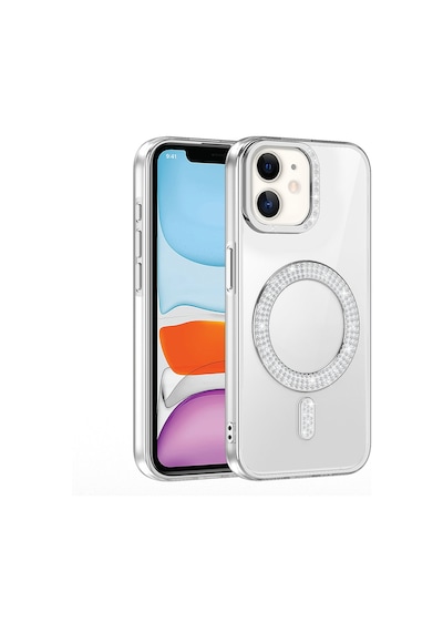 Apple Uyumlu iPhone 11 Kılıf Pırlanta Taş Tasarımlı M-safe Şarj Özellikli Karetta Silikon Kılıf Gümüş