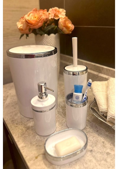 Makri Home Banyo Seti 5'li, Yuvarlak, Akrilik-çöp Kovası, Wc Fırçalık, Sıvı Sabunluk, Diş Fırçalık, El Sabunluk Beyaz