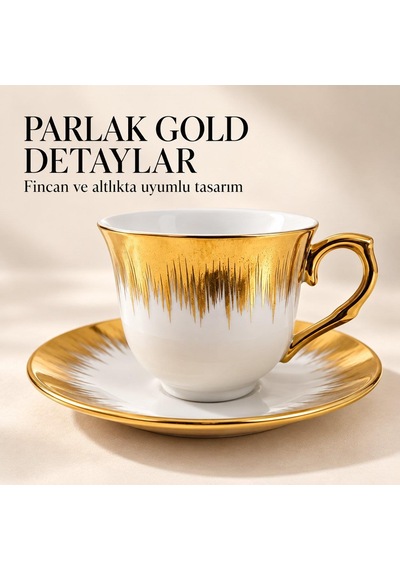 Valkyrie 6 Kişilik Gold Detaylı Porselen Türk Kahvesi Fincan Takımı Standlı 90 Ml 12 Parça