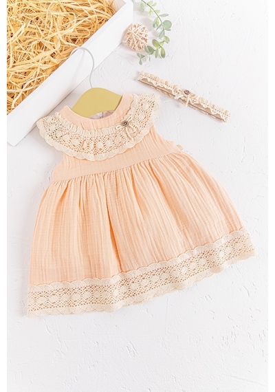 Baby Güpür Yakalı Bandanalı Yazlık Müslin Bebek Elbise