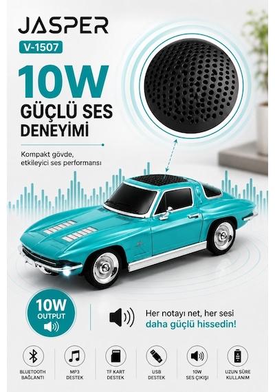 Jasper Jpr-1507 Turkuaz 10w Bluetooth Hoparlörlü Retro Araba Tasarım Fm Radyo, Usb, Tf Kart, Aux Ve Mp3