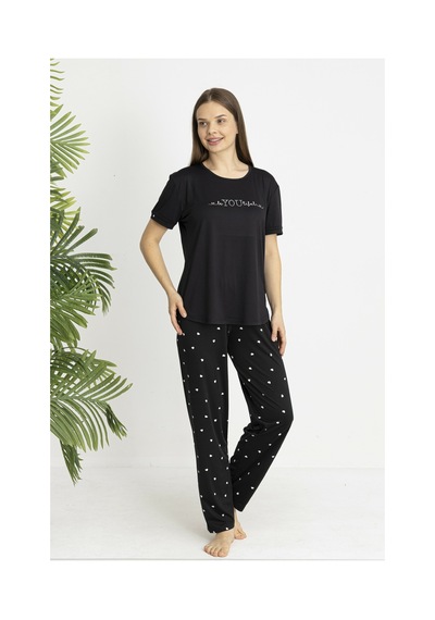 Estiva Kadın Kalp Alt Desenli Kısa Kollu Soft Pijama Takımı Siyah
