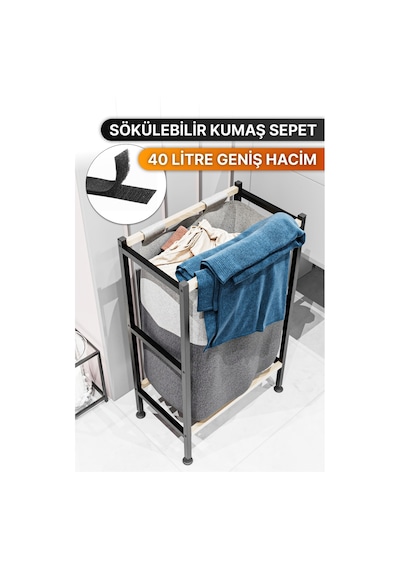 Bino Ahşap Raflı Keten Kumaşlı Banyo Düzenleyici Çamaşır Sepeti Siyah