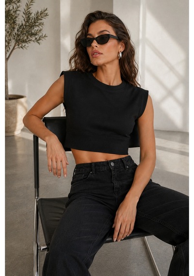 Velora Grup Kadın Crop Tişört Bisiklet Yaka Kolsuz Basic Crop Top Siyah - 912256706 Siyah