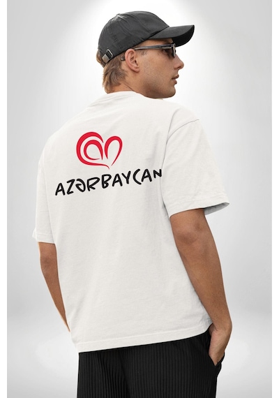 Azerbaycan Seviyorum I Love Azarbaycan Beyaz Oversize Unisex Ön Ve Sırt Baskılı Tişört Beyaz