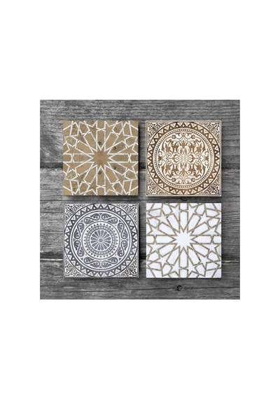 Etnik Desen Taş Bardak Altlığı Seti - 4 Parça - Dekoratif, Rustik Mutfak Aksesuarı, 10x10 Cm, Kaydırmaz Tabanlı, Diğer
