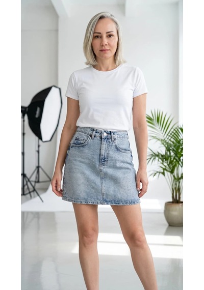 Byemelika Taş Baskılı Zr Denim Mini Etek Buz Mavi