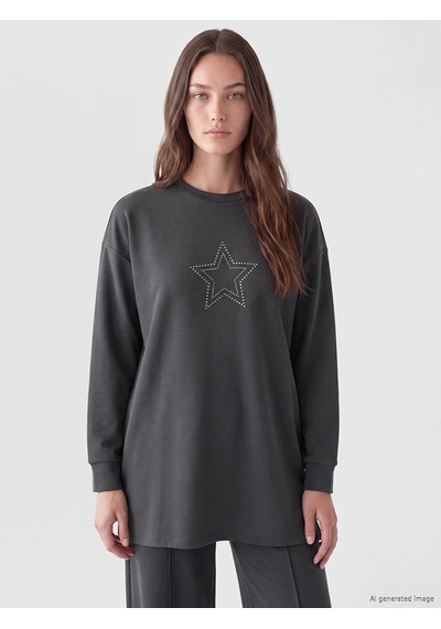 Lcw Modest Antrasit Taşlı Soft Touch Kadın Sweatshirt Tunik
