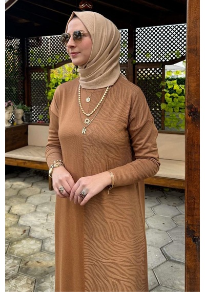 Rabia Şamlı Zebra Desen Triko Elbise Camel Normal