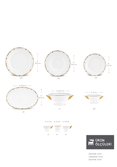 Karaca Royal Bone Spirit 55 Parça 12 Kişilik Yemek Takımı Beyaz - Gold