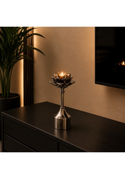 Lotus Çiçeği Metal Şamdan Mumluk 3'lü Dekoratif Set Gümüş