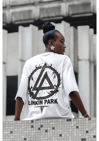 Sevbano Tasarım Linkin Park Sırt Baskılı Unisex Oversize Müzik Grubu Tişö Beyaz