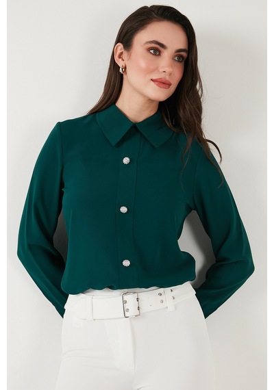 Lela Taşlı Regular Fit Gömlek Yaka Fermuarlı Bayan Bluz 611Bz0493 Zümrüt