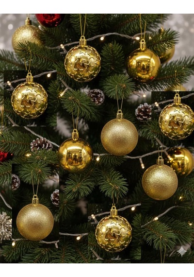 6 Cm Gold Parlak Kabartmalı Yılbaşı Top Süs 12 Parça Dekoratif Ağaç Ve Parti Süsü Seti Diğer