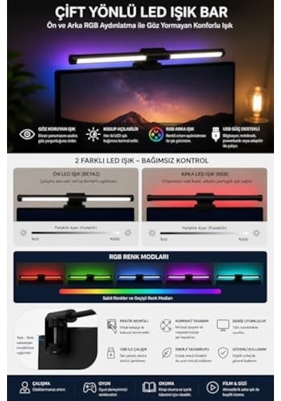 Neo Vista Dokunmatik Monitör Üstü Led Aydınlatma Rgb Ambiyans & 3 Renk Işık Ayarlanabilir