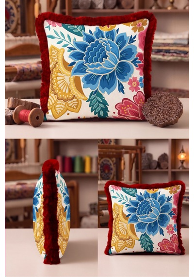 Çiçek Desenli Bohem Şık Saçaklı Yastık Kılıfı - Etnik Floral Modern Püsküllü Kırlent Kılıfı Siyah
