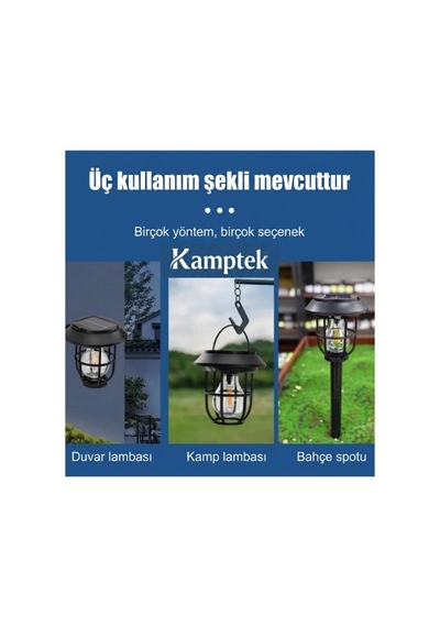 Kamptek Güneş Enerjili Solar Kamp Dış Mekan Bahçe Kapı Feneri - Askılı Nostaljik Filaman Led Kamp Lambası Siyah