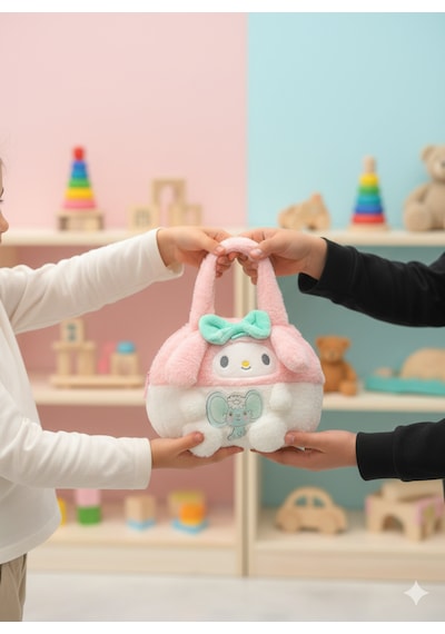 Peluş Sevimli Karakterli El Çantası Yumuşak Oyuncak Görünümlü Çocuk & Genç Çantası 5 Renk Beyaz - Pembe