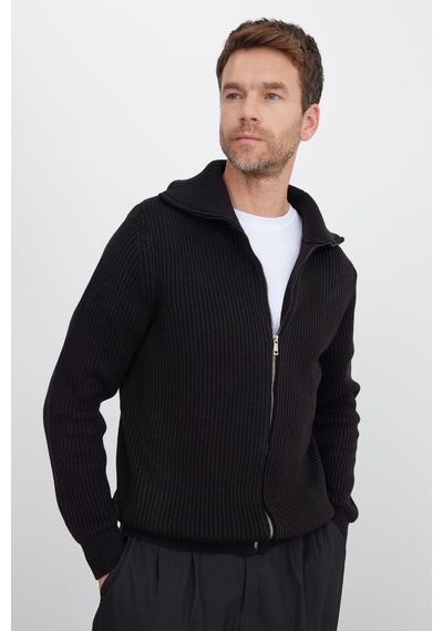 Tudors Erkek Slim Fit Dik Yaka Fermuarlı Siyah Düz Hırka-41798 Siyah