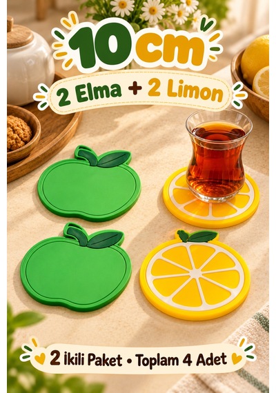 4'lü Elma Limon Desenli Bardak Altlığı Set 10cm Kahve Çay Fincan Altlığı Renkli Masa Sunum Aksesuarı Çok Renkli